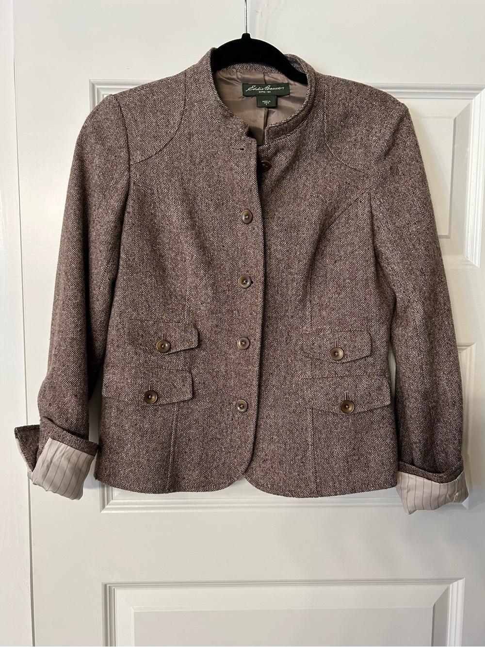 Eddie Bauer Women's Taupe Tweed Collarless Button Jacket